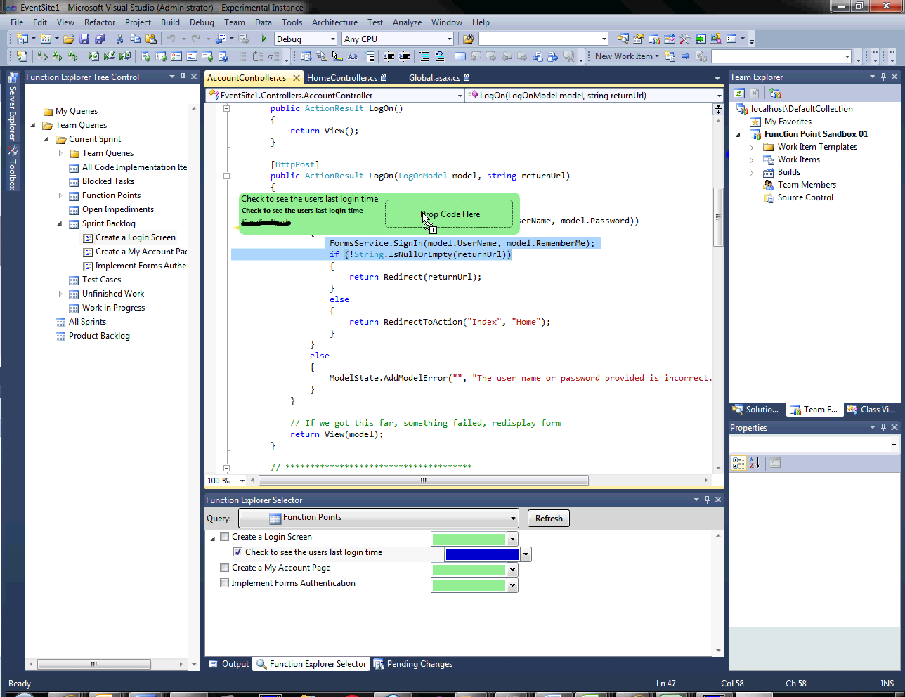 dropping code onto the design point
