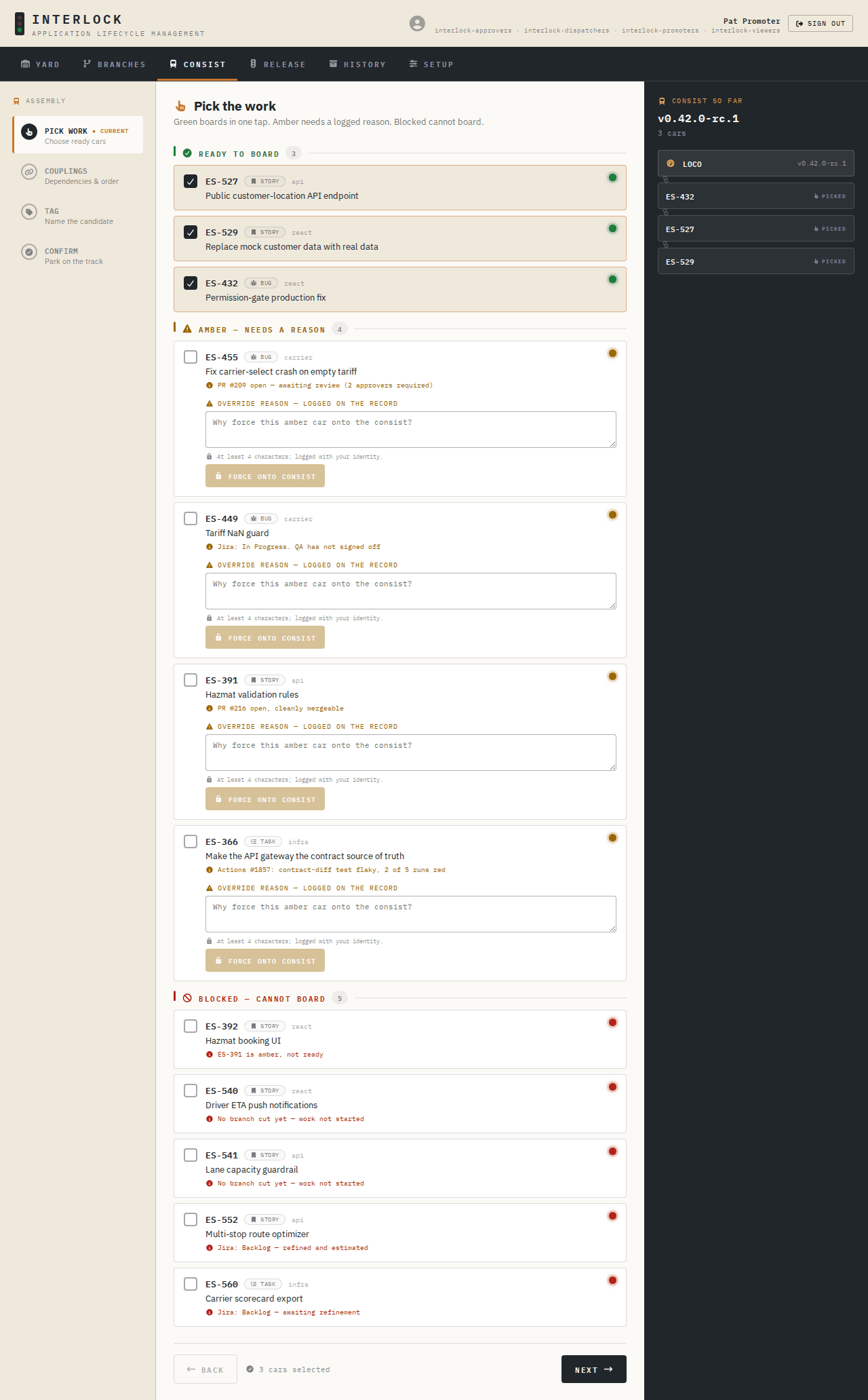 The Consist Wizard, step one: pick work. Green cars board in one click; the dark CONSIST SO FAR sidebar shows the rc tag and the ordered train