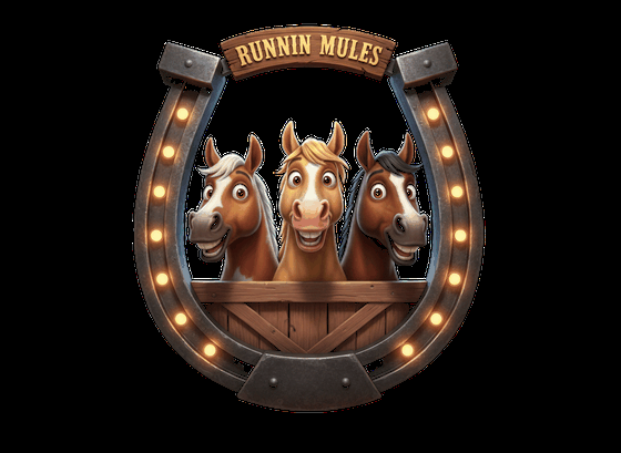 Runnin' Mules! logo, three cartoon horses inside a lucky horseshoe