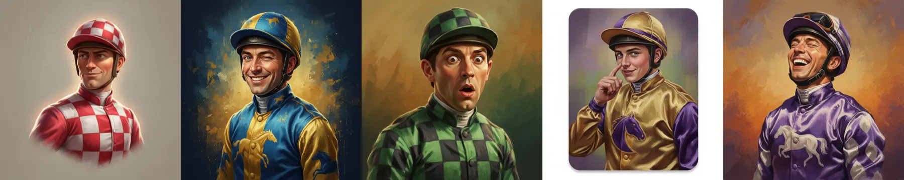 The five jockey portraits, each painted in their horse's racing silks