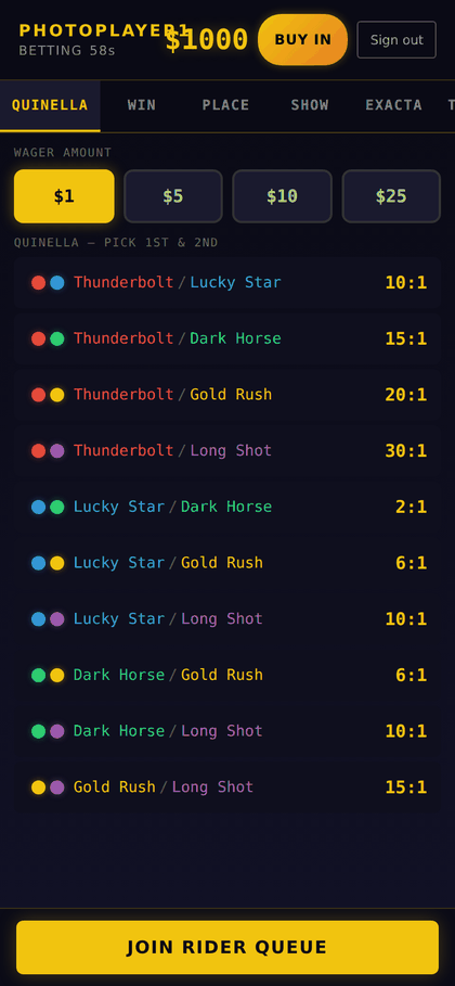 Mobile bet view: quinella picker with all ten horse pairings and odds, four wager amounts, and a Join Rider Queue button