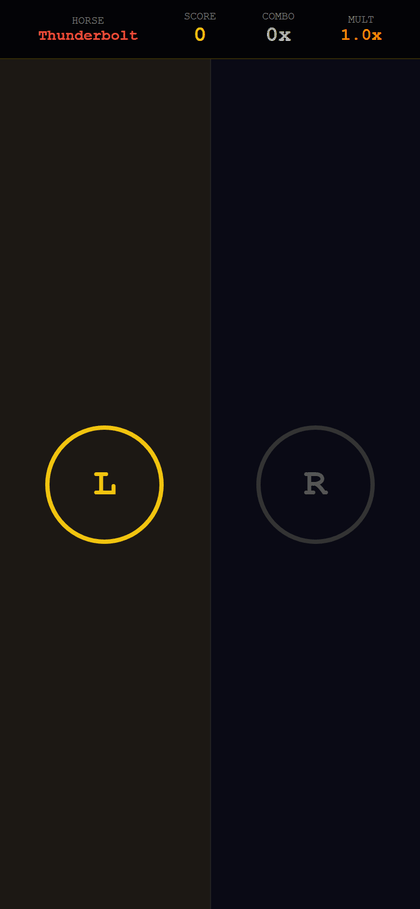 Mobile jockey view: rhythm minigame where the active side glows and tap timing scores PERFECT through MISS